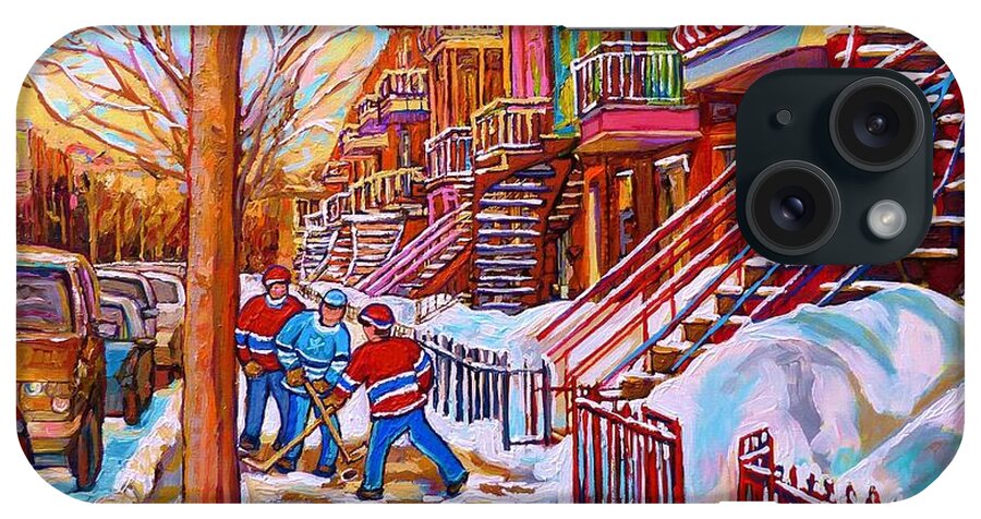 Montreal iPhone Case featuring the painting Street Hockey Game In Montreal Winter Scene With Winding Staircases Painting By Carole Spandau by Carole Spandau