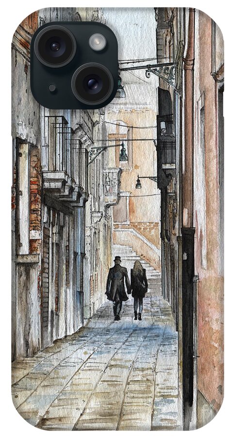 Venetian iPhone Case featuring the painting Street in Venice - Watercolor - Yakubovich by Elena Daniel Yakubovich