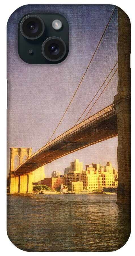 Lower East Side iPhone Case featuring the photograph Sun sets on the Brooklyn Bridge by Joann Vitali