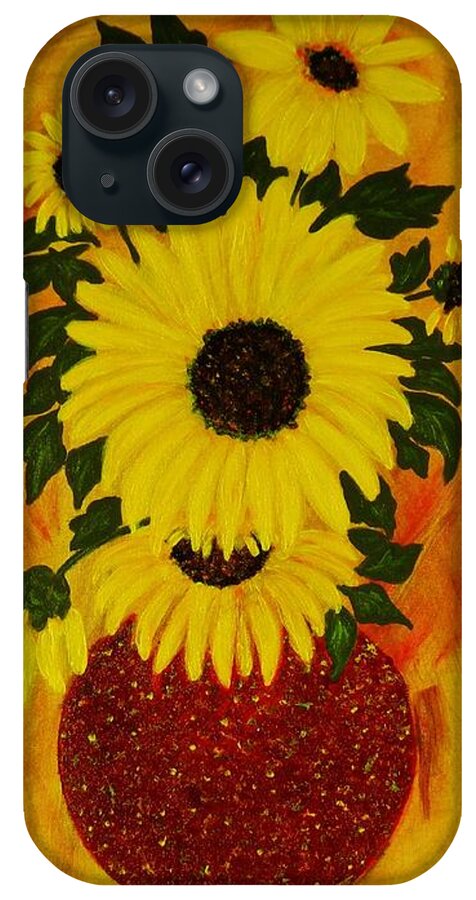 Sunflowers In Red Vase iPhone Case featuring the painting Sunflowers by Celeste Manning