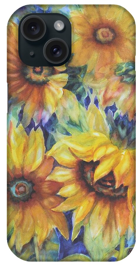 Sunflowers iPhone Case featuring the painting Sunflowers on Blue I by Ann Nicholson
