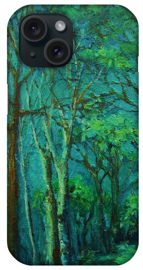 Impressionist Landscape iPhone Case featuring the painting Sunlit Woodland Path by Mary Wolf