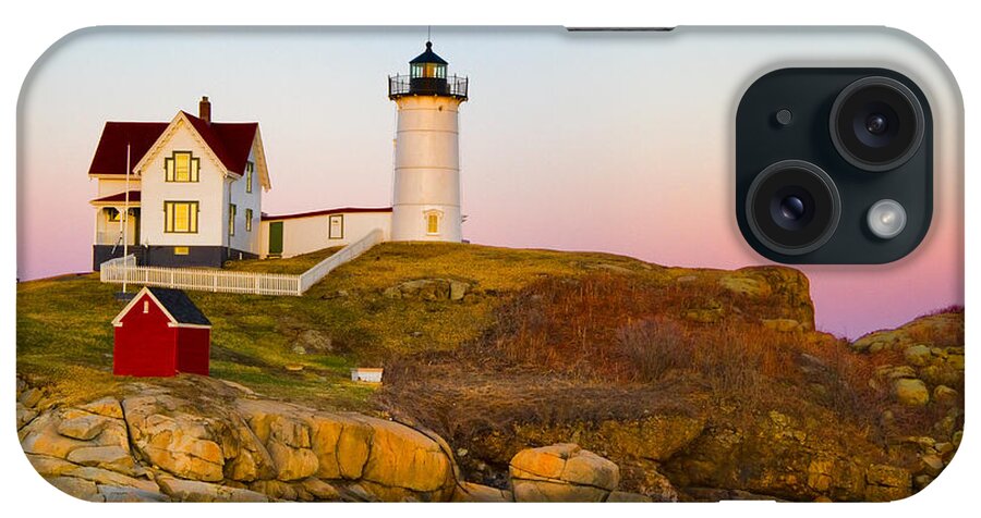 Nubble iPhone Case featuring the photograph Sunset at Nubble Lighthouse by Natalie Rotman Cote