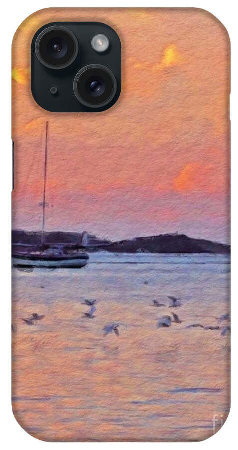 Sharkcrossing iPhone Case featuring the digital art V Sunset Harbor with Birds - Vertical by Lyn Voytershark