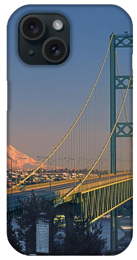 Sunset iPhone Case featuring the photograph 1A4Y20-V-Sunset on Rainier with the Tacoma Narrows Bridge by Ed Cooper Photography