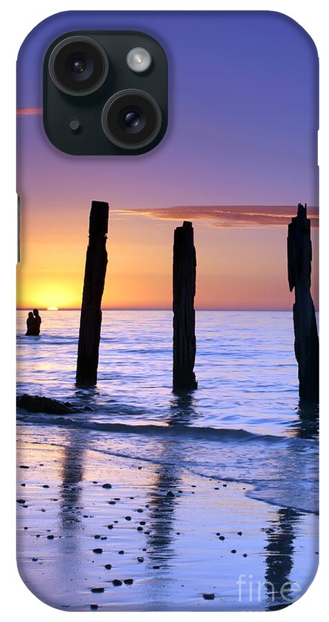 Sunset Jetty Ruin Pylons Beach Posts Port Willunga South Australia Seascape Australian iPhone Case featuring the photograph Sunset Romance by Bill Robinson