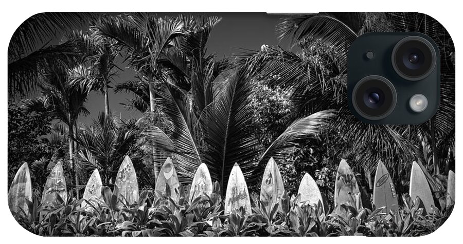 Surfboard iPhone Case featuring the photograph Surf Board Fence Maui Hawaii Black and White by Edward Fielding
