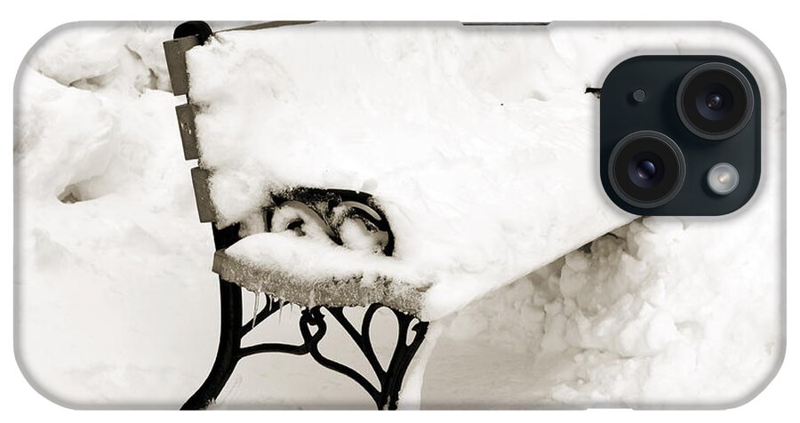 Park Bench In Snow iPhone Case featuring the photograph Take A Seat And Chill Out - Park Bench - Winter - Snow Storm BW by Andee Design
