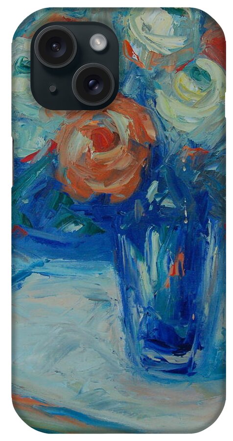 Ten White And Orange Roses In A Blue Vase iPhone Case featuring the painting Ten White and Orange Roses by Thomas Bertram POOLE