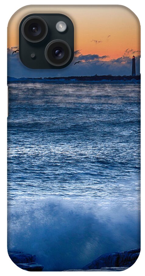 Sea Smoke iPhone 15 Case featuring the photograph Thacher Island lighthouse waves break by Jeff Folger