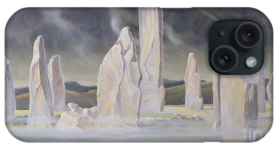 Landscape; Standing Stone; Circle; Neolithic Monument; Ancient; Outer Hebrides; Mist; Night; Moonlight; Ghostly; Celtic iPhone Case featuring the painting The Callanish Legend Isle of Lewis by Evangeline Dickson