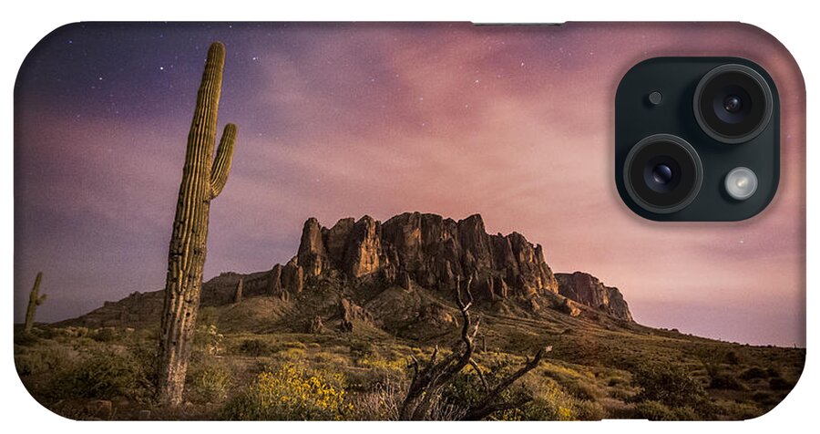 A Night Photograph Of The Flatiron During Springtime With Saguaro Cactus In The Superstition Mountains Apache Junction Arizona iPhone Case featuring the photograph The Flatiron by Anthony Citro