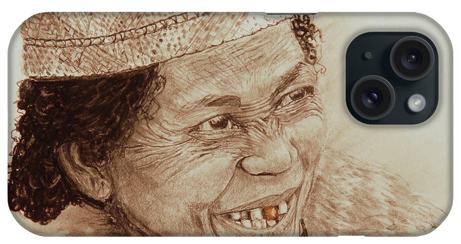 African iPhone Case featuring the drawing The Gold Tooth in Sepia by Quwatha Valentine