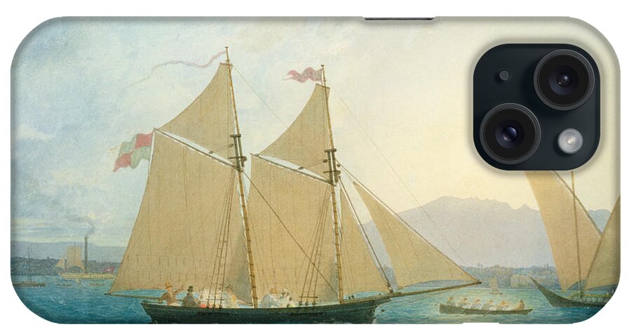 Boat; Boats; Sails; Sailing; Rowing; Flag; Yacht; Yachting; Boating; Mountains; Swiss City; Switzerland; Launching iPhone Case featuring the painting The Launch La Sociere on the Lake of Geneva by Francis Danby