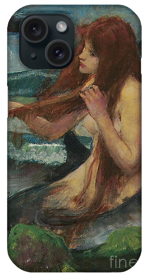 Mermaid; Myth; Mythology; Mythological; Pre Raphaelite; Pre-raphaelite; Combing; Combing Hair; Brushing; Brushing Hair; Red Hair; Redhead; Red-haired; Melancholy; Rock; Siren; Nude; Sketch; Study; Wistful; Daydreaming; Romance; Fairytale iPhone Case featuring the painting The Mermaid by John William Waterhouse