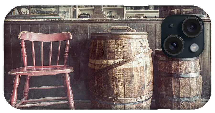 19th Century iPhone Case featuring the photograph The Old General Store - Red chair and Barrels in this 19th Century Store by Gary Heller