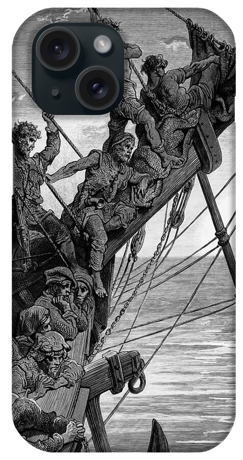Crew; Sea; Vision; Apparition; Vessel; Dore iPhone Case featuring the drawing The sailors see in the distance a ghostly ship by Gustave Dore