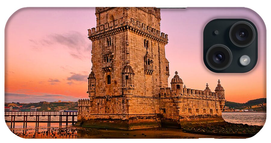 Crystal iPhone Case featuring the photograph the tower of belem in Lisbon at sunset by Mitchell R Grosky