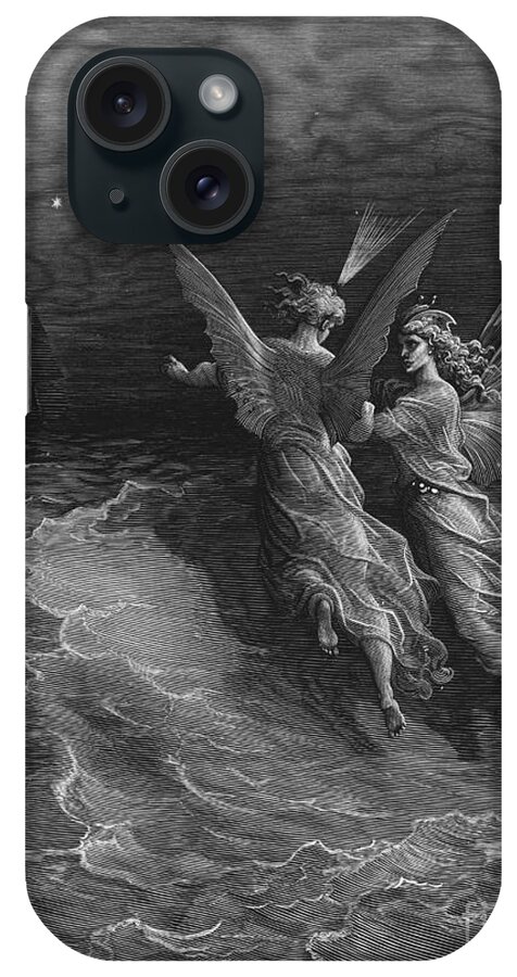Vessel; Sea; Angels; Dore iPhone Case featuring the drawing The two fellow spirits of the Spirit of the South Pole ask the question why the ship travels by Gustave Dore