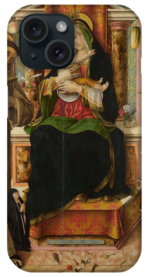 Carlo Crivelli iPhone Case featuring the painting The Virgin and Child with Saints Francis and Sebastian by Carlo Crivelli