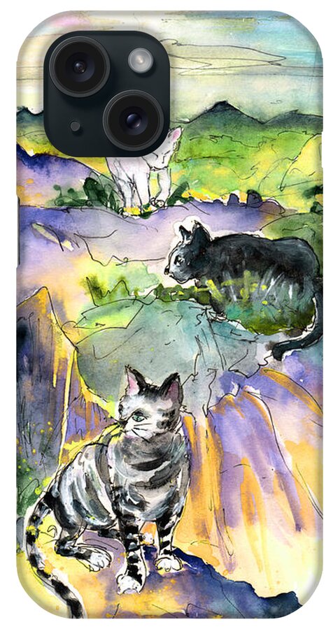 Travel iPhone Case featuring the painting Three Cats on The Penon de Ifach by Miki De Goodaboom