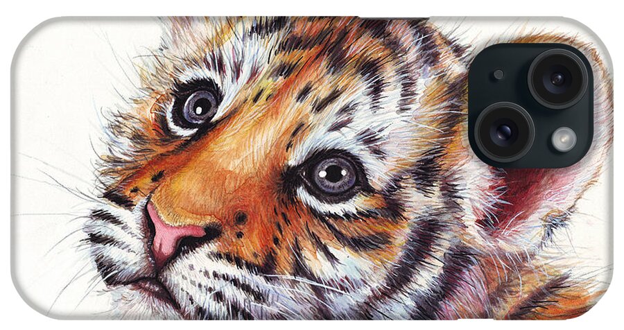 Tiger iPhone Case featuring the painting Tiger Cub Watercolor Painting by Olga Shvartsur