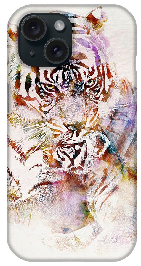 Tiger iPhone Case featuring the painting Tiger with Cub watercolor by Marian Voicu