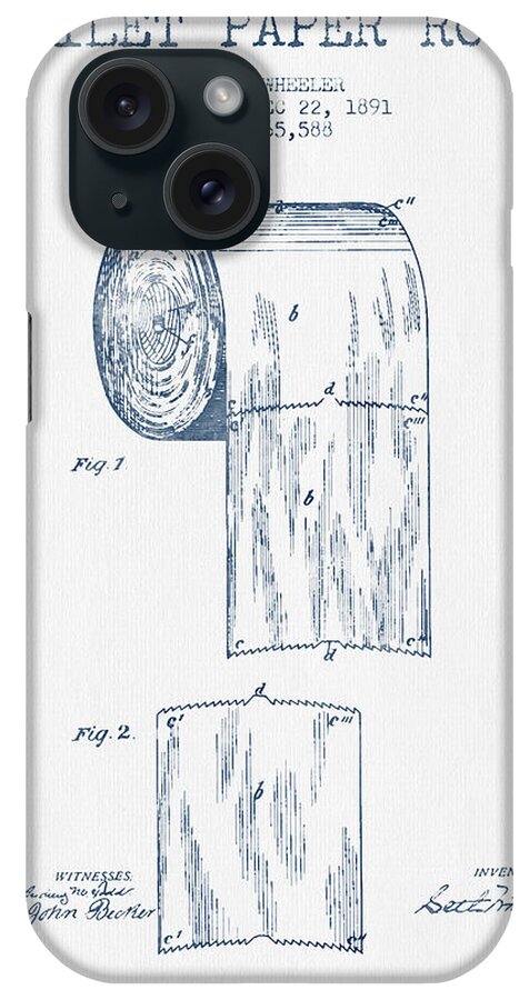 Toilet iPhone Case featuring the digital art Toilet Paper Roll Patent Drawing From 1891 - Blue Ink by Aged Pixel