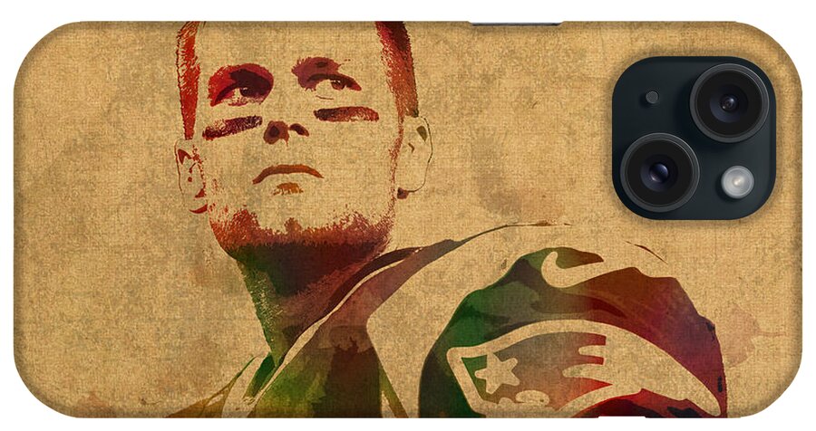 Tom Brady iPhone Case featuring the mixed media Tom Brady New England Patriots Quarterback Watercolor Portrait on Distressed Worn Canvas by Design Turnpike