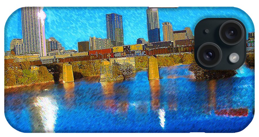 Austin Cityscape Blue Sky Clouds Longcenter Happy Life Joy Interior Design iPhone Case featuring the digital art Train Spoting by Phillip Mossbarger