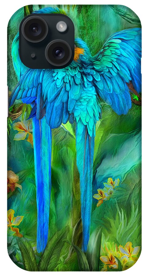 Macaw iPhone Case featuring the mixed media Tropic Spirits - Gold and Blue Macaws by Carol Cavalaris