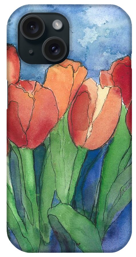 Red And Orange Tulips iPhone Case featuring the painting Tulips After the Rain by Maria Hunt