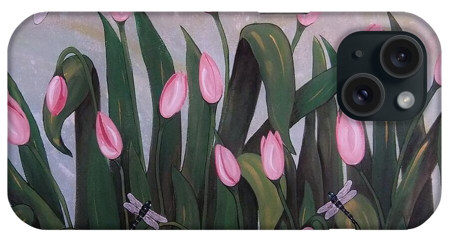 Tulips iPhone Case featuring the painting Tulips and Dragonflies in Misty Morning by Cindy Micklos