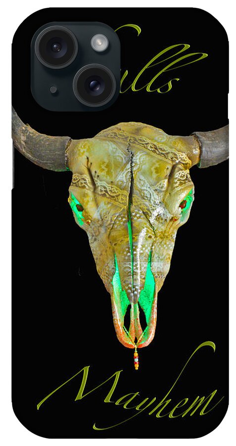 Buffalo Art iPhone Case featuring the mixed media Turquoise and Gold Illuminating Buffalo Skull by Mayhem Mediums
