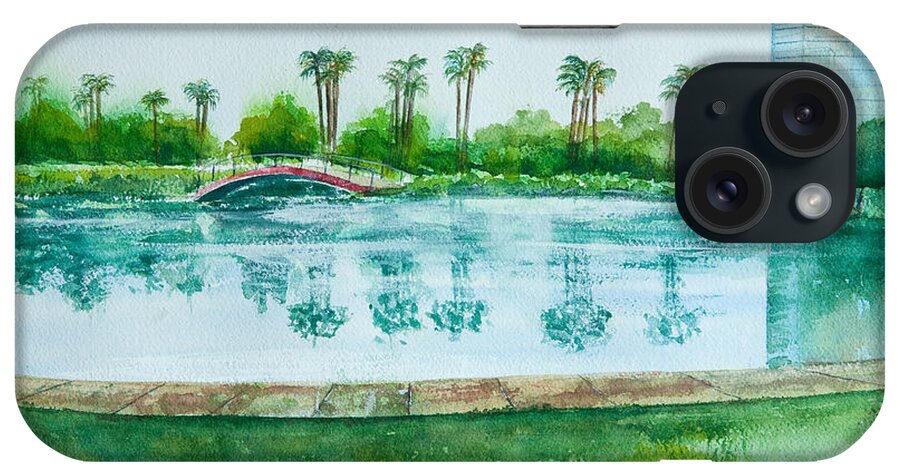 Watercolor iPhone Case featuring the painting Two Bridges at Rainbow Lagoon by Debbie Lewis