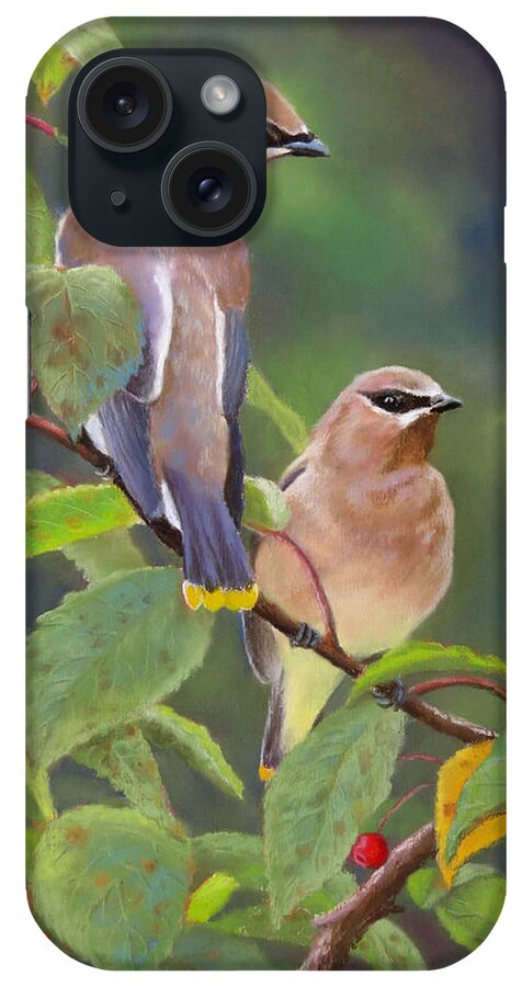 Cedar Waxwing iPhone Case featuring the pastel Two Waxwings One Berry by Marcus Moller