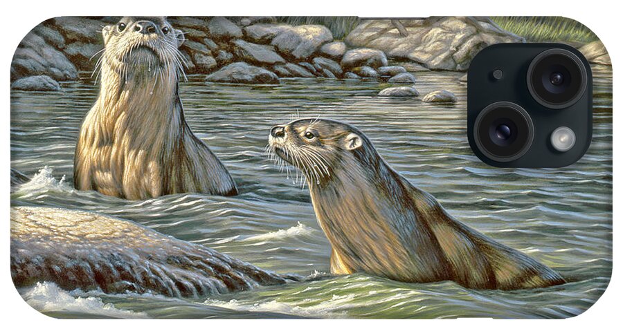Wildlife iPhone Case featuring the painting Up for Air - river otters by Paul Krapf