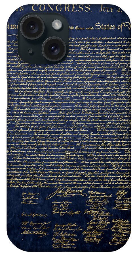 C7 Antique-vintage-retro Americana iPhone Case featuring the digital art U.S. Declaration of Independence in Gold on Blue Velvet by Serge Averbukh