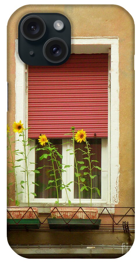 Venice iPhone Case featuring the painting Venice Italy Yellow Flowers Red Shutter by Robyn Saunders