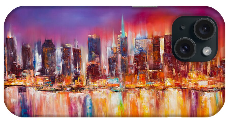 Nyc Paintings iPhone Case featuring the painting Vibrant New York City Skyline by Manit