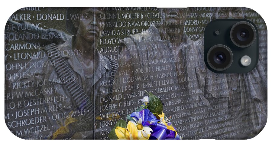 Vietnam Veteran Wall And Three Soldiers Memorial College Washington Dc iPhone Case featuring the photograph Vietnam Veteran Wall and Three Soldiers Memorial Collage Washington DC_2 by David Zanzinger