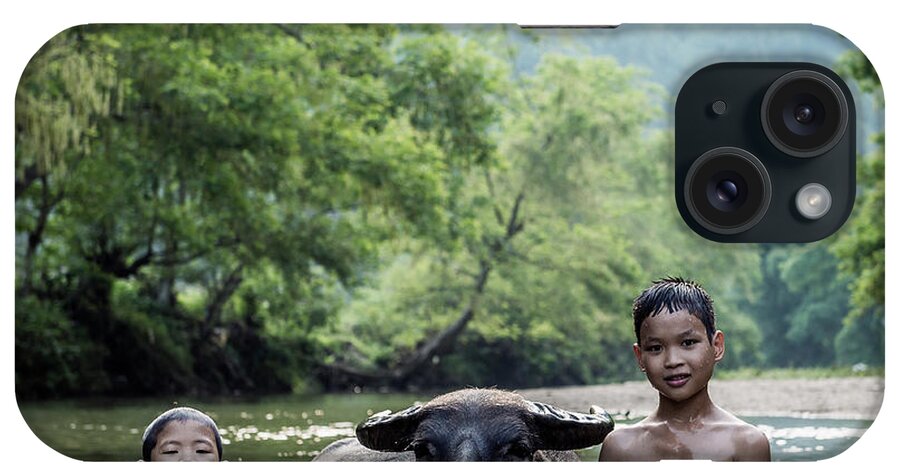 Child iPhone Case featuring the photograph Vietnam, Young Boys In River With Water by Martin Puddy