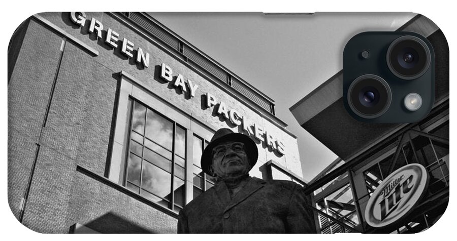 Lambeau Field iPhone Case featuring the photograph Vince at Lambeau Field BW by Tommy Anderson