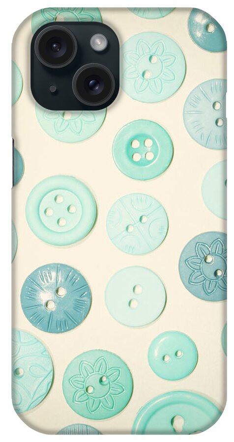 Buttons iPhone Case featuring the photograph Vintage Blues Button Love by Sharon Johnstone