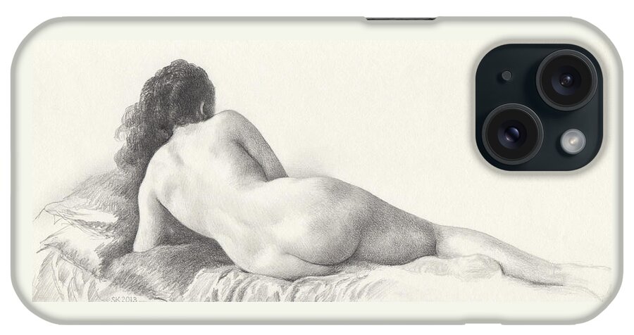 Nude iPhone Case featuring the drawing Voluptuous Reclining Nude Luxuriating on Victorian Settee after Eakins by Scott Kirkman
