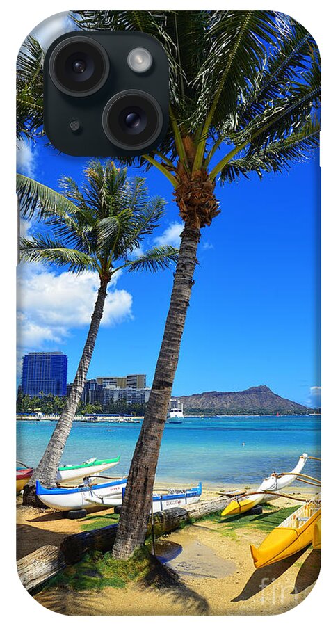 Waikiki iPhone Case featuring the photograph Waikiki Beach Canoes Under Palm Trees by Aloha Art