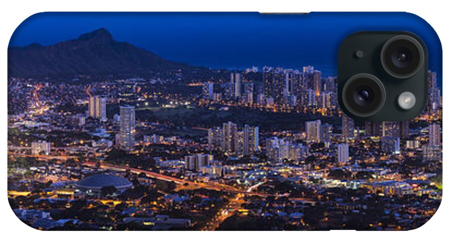 Waikiki iPhone Case featuring the photograph Waikiki cityscape and Diamond Head dusk panorama by Ken Brown