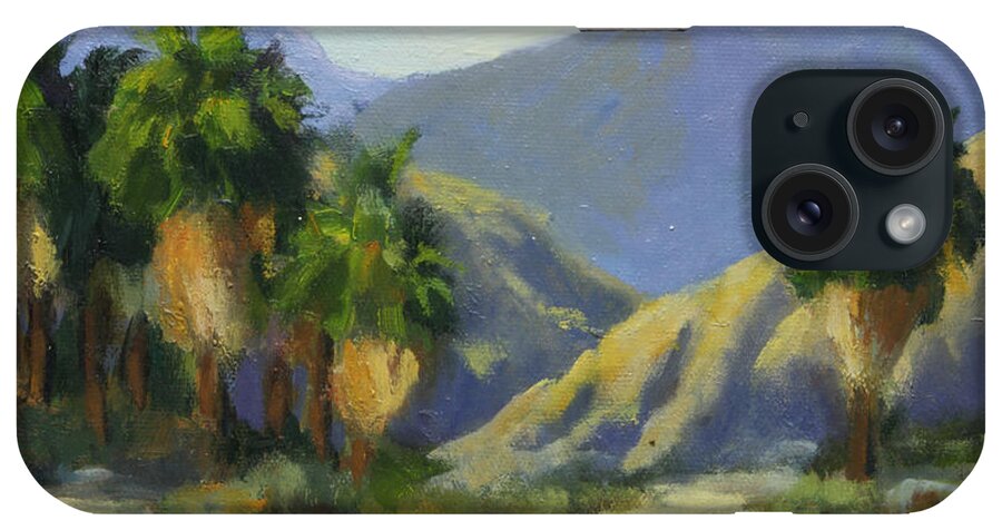Desert Scene iPhone Case featuring the painting California Palms in the Preserve by Maria Hunt
