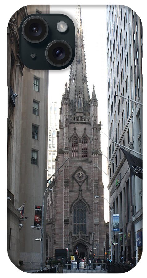 Wall Street Leading To Trinity Church iPhone Case featuring the photograph Wall Street leading to Trinity Church by John Telfer