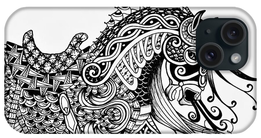 Horse iPhone Case featuring the drawing War Horse - Zentangle by Jani Freimann